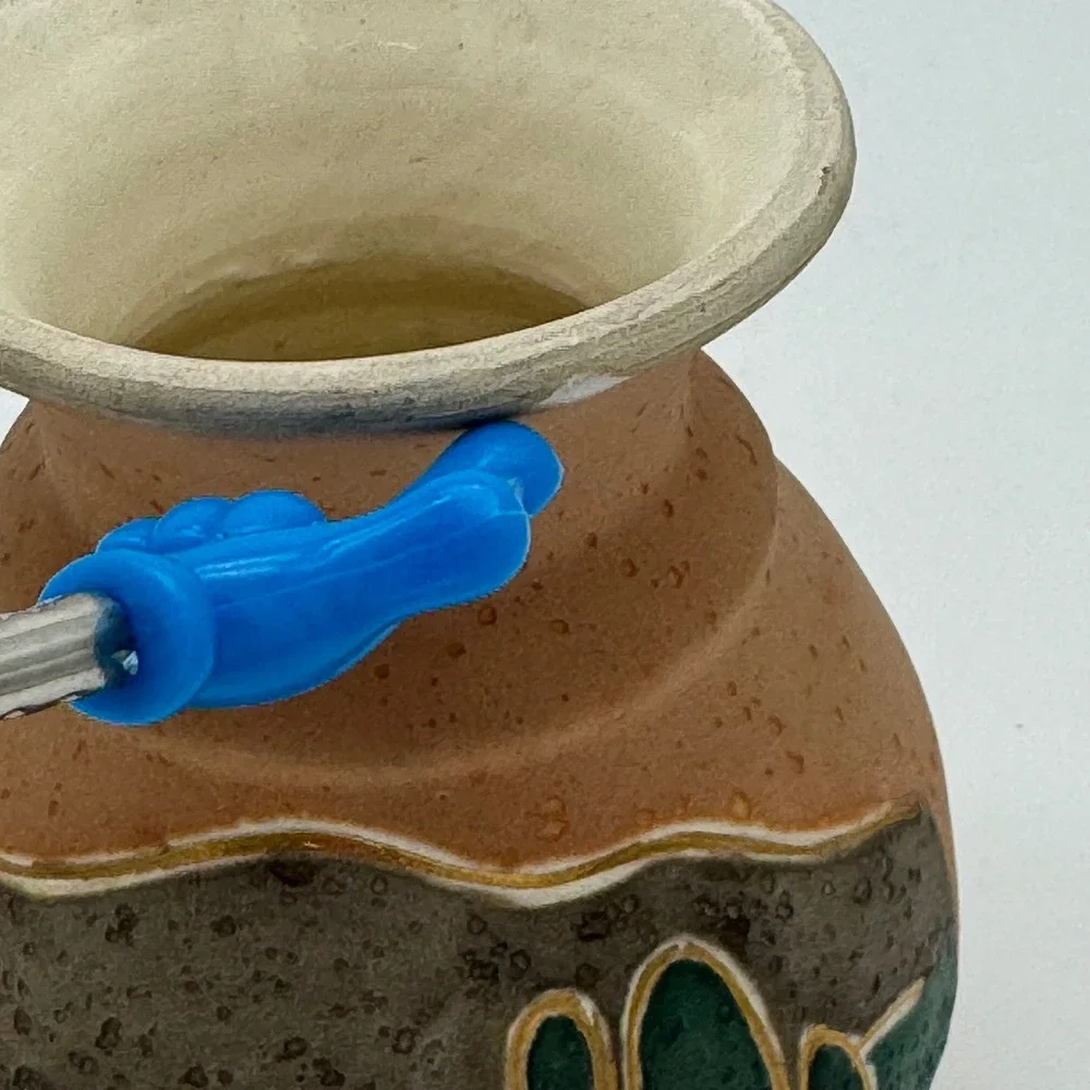Vintage ACEVLOZA Mexican Pottery Vase Hand Painted Siesta Cactus Gold Trim 5x4